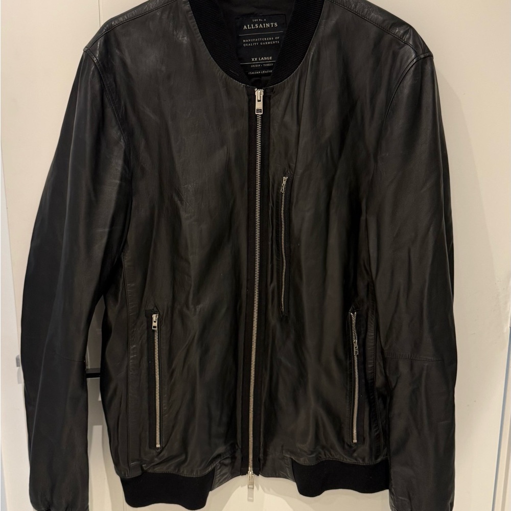 All Saints Black Leather Bomber Jacket with Silver Zippers